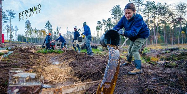 Bergwaldprojekt: zwei Freiwillige schlagen mit der Rammkatze eine Spundwand ein.